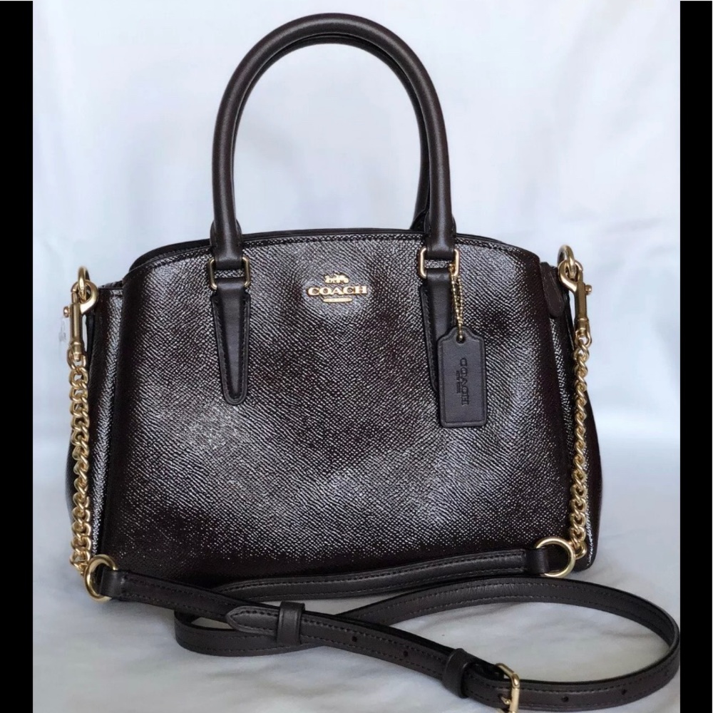 NWT COACH CROSSGRAIN MINI SAGE CARRYALL oxyblood cranberry purse F32018